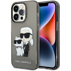 iPhone 14 Pro Max Case Hülle - Karl Lagerfeld und Choupette duo starres Gel transparent mit Glitter - Grau