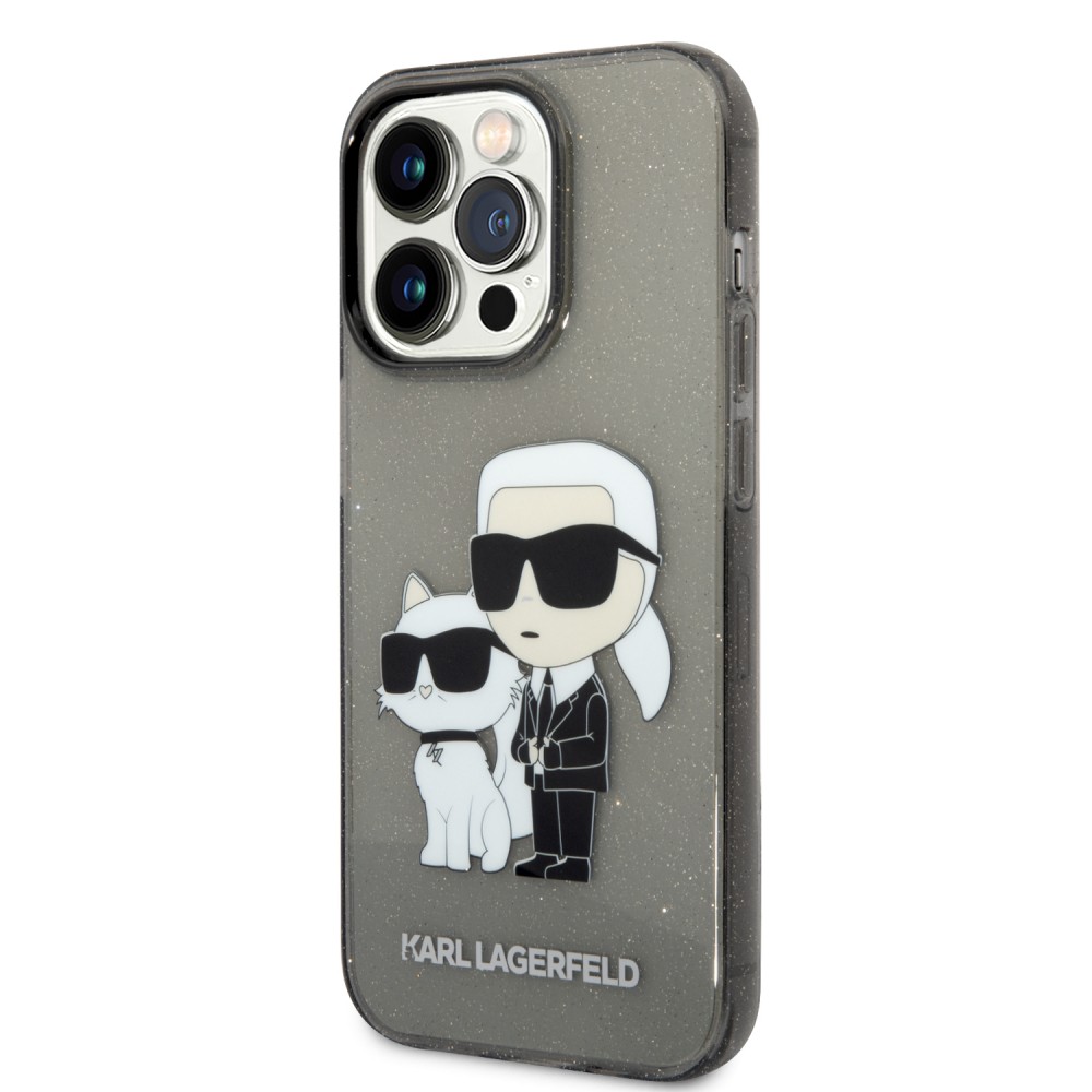 iPhone 14 Pro Max Case Hülle - Karl Lagerfeld und Choupette duo starres Gel transparent mit Glitter - Grau