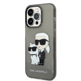 iPhone 14 Pro Max Case Hülle - Karl Lagerfeld und Choupette duo starres Gel transparent mit Glitter - Grau