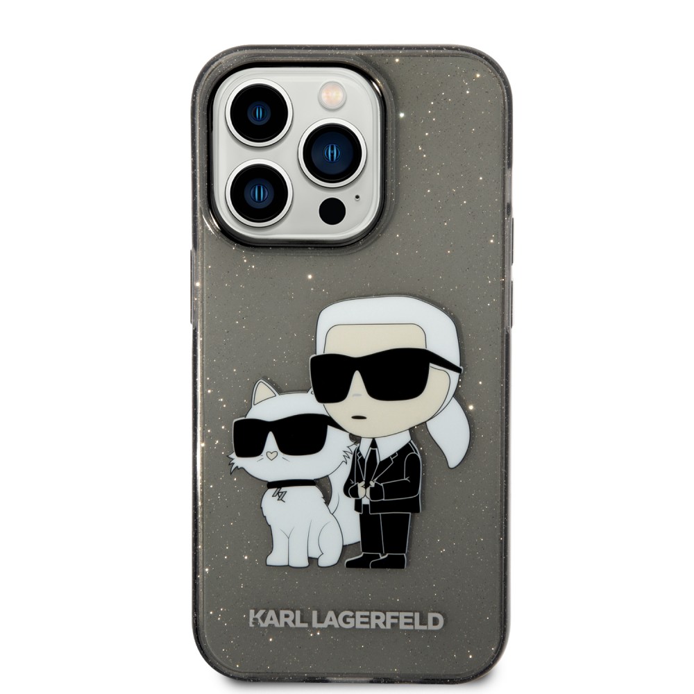 iPhone 14 Pro Max Case Hülle - Karl Lagerfeld und Choupette duo starres Gel transparent mit Glitter - Grau