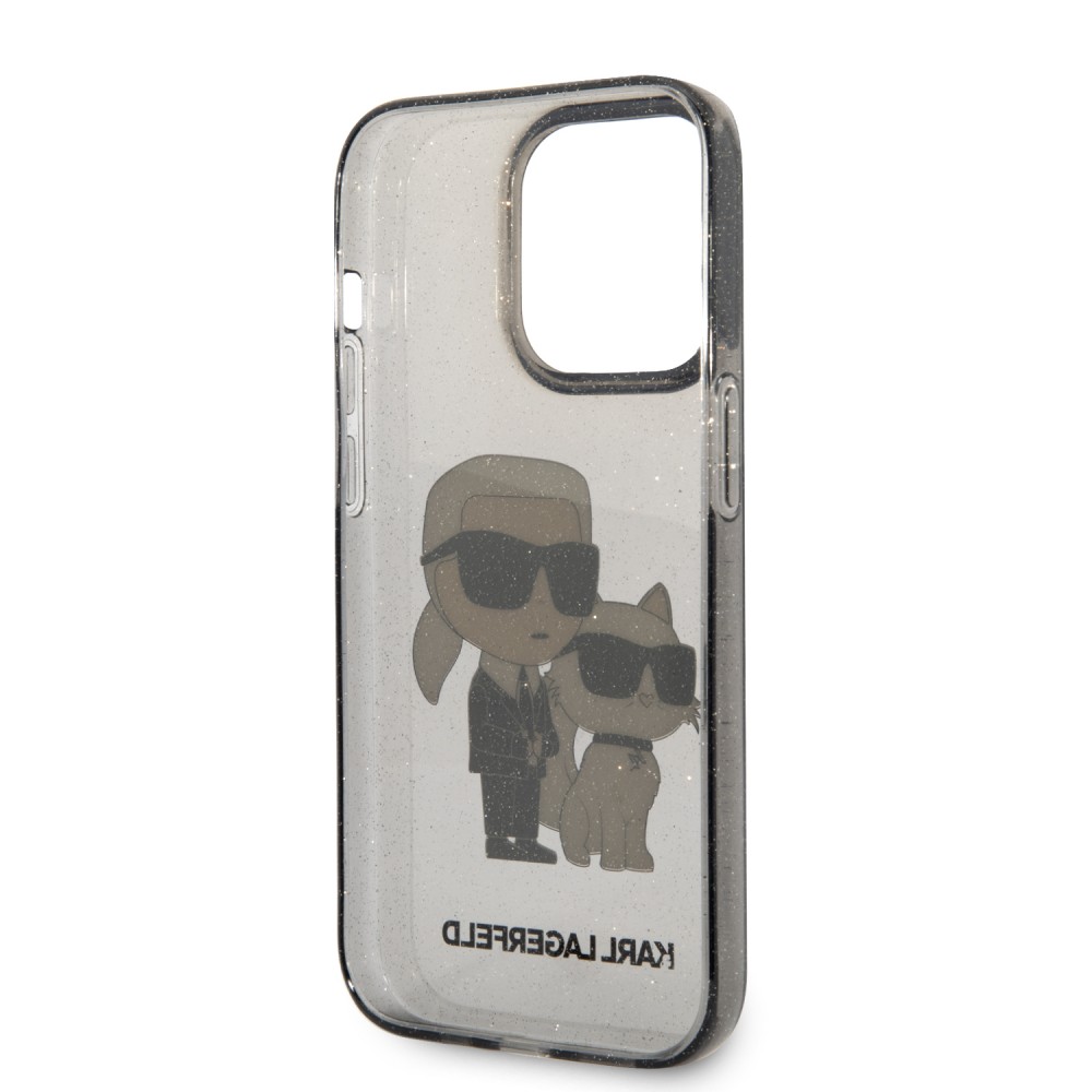 iPhone 14 Pro Max Case Hülle - Karl Lagerfeld und Choupette duo starres Gel transparent mit Glitter - Grau