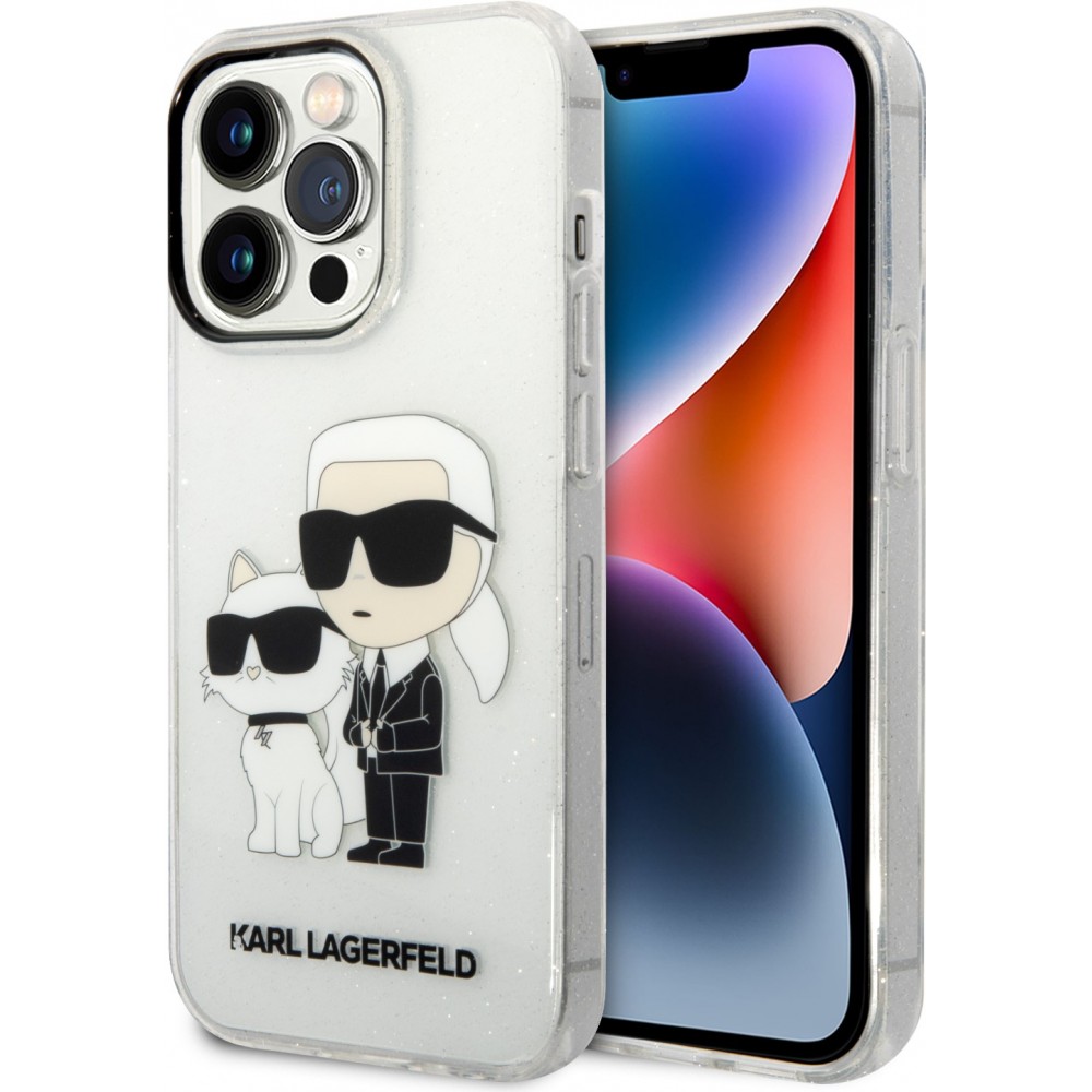 Coque iPhone 14 Pro - Karl Lagerfeld et Choupette duo gel rigide pailleté - Transparent