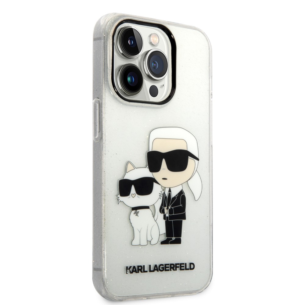 Coque iPhone 14 Pro - Karl Lagerfeld et Choupette duo gel rigide pailleté - Transparent