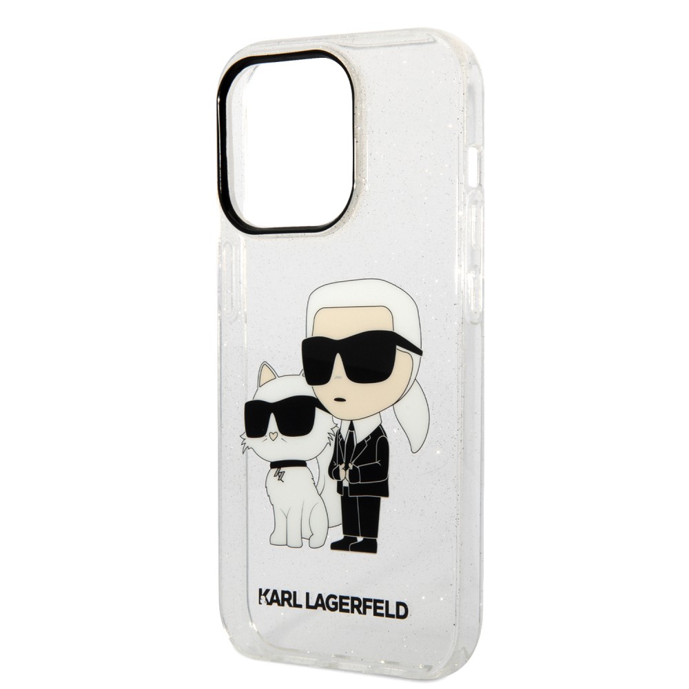 Coque iPhone 14 Pro - Karl Lagerfeld et Choupette duo gel rigide pailleté - Transparent