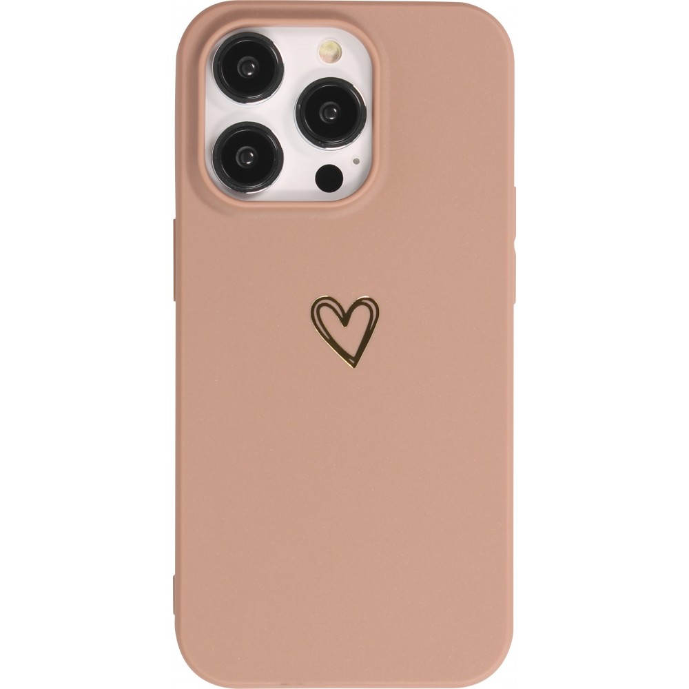 Coque iPhone 16 Pro Max - Silicone mat dessin cœur doré - Brun