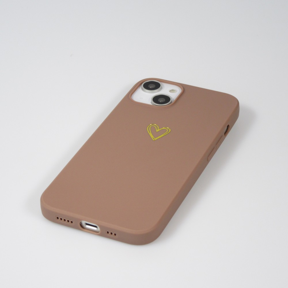 Coque iPhone 16 Pro Max - Silicone mat dessin cœur doré - Brun