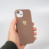 Coque iPhone 16 Pro Max - Silicone mat dessin cœur doré - Brun