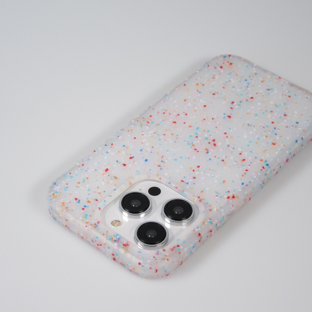 Coque iPhone 14 Pro Max - Silicone recomposé avec points multicolores Sensation Dots - Transparent