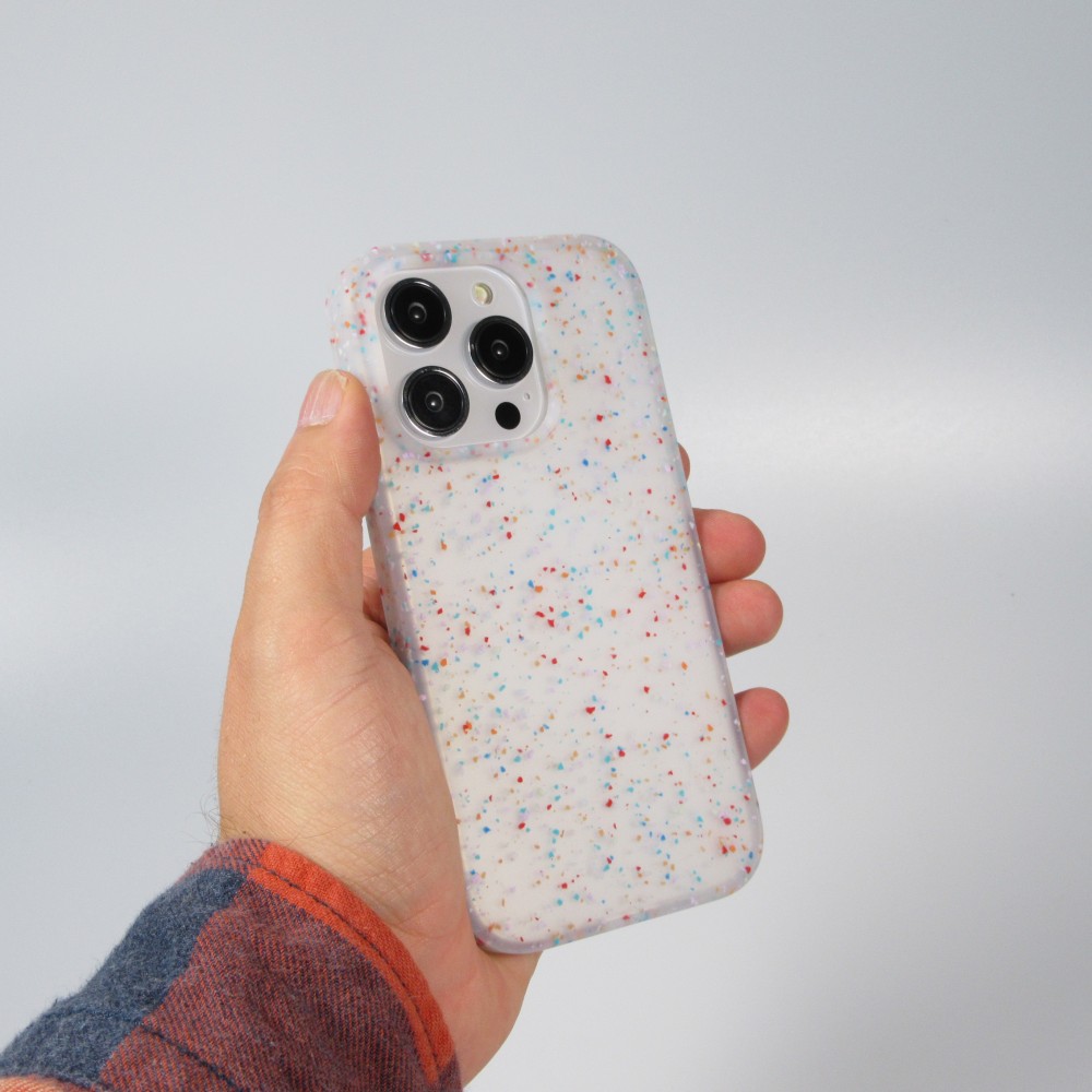 Coque iPhone 14 Pro Max - Silicone recomposé avec points multicolores Sensation Dots - Transparent