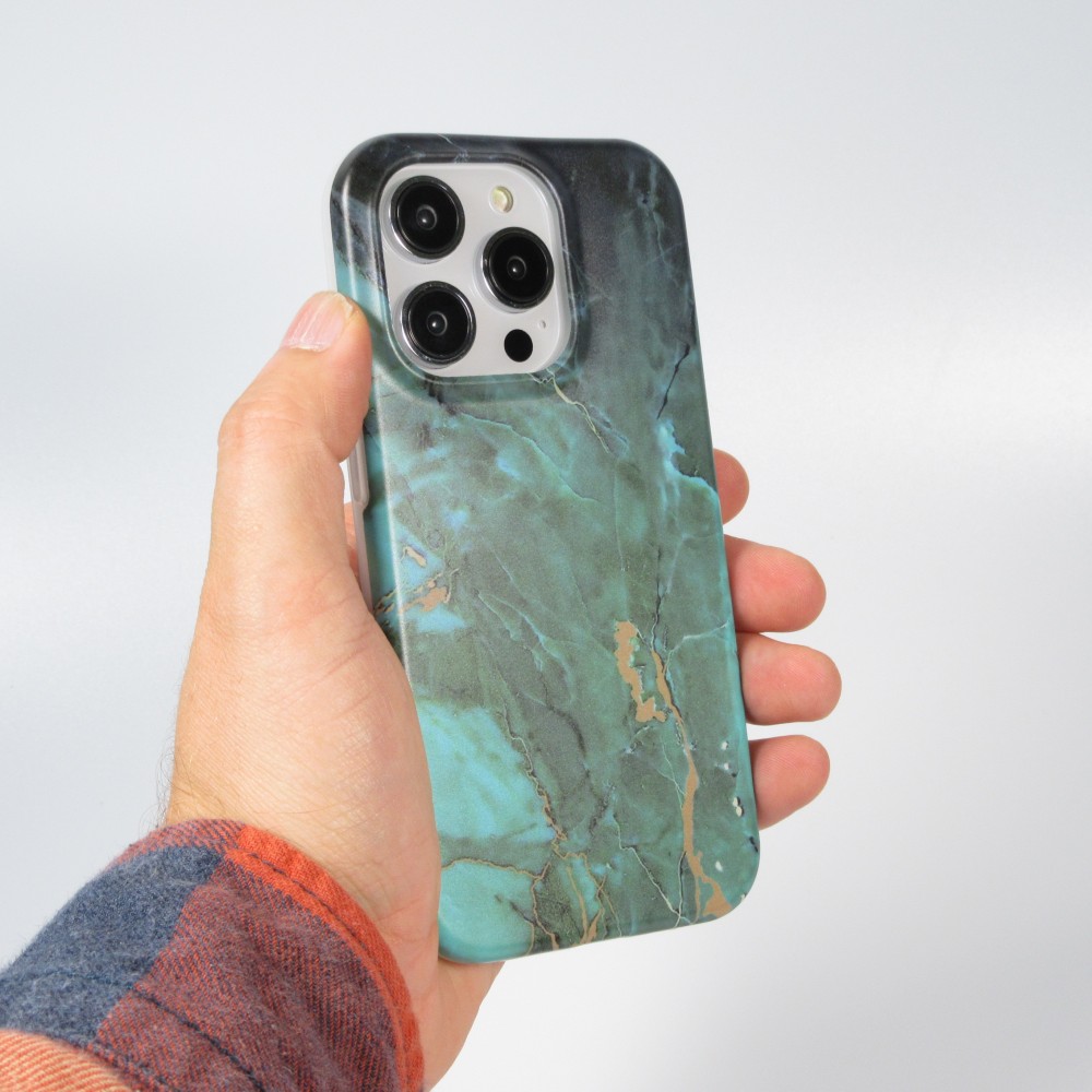 Coque iPhone 14 Pro Max - Silicone rigide mat avec effet marbre imprimé - Vert