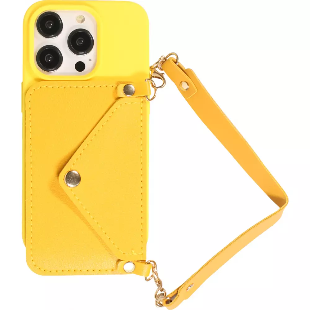 iPhone 14 Pro Case Hülle - Soft-Touch-Silikon mit Karten- oder Geldfach aus Leder und integriertem Lanyard - Gelb
