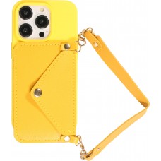 Coque iPhone 14 Pro - Silicone soft touch avec pochette à cartes ou argent en cuir et lanière intégrée - Jaune