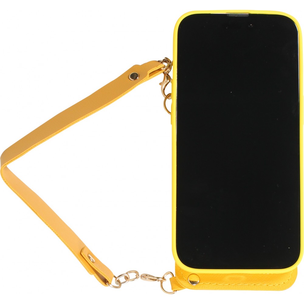 Coque iPhone 14 Pro - Silicone soft touch avec pochette à cartes ou argent en cuir et lanière intégrée - Jaune