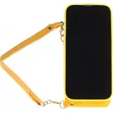 iPhone 14 Pro Case Hülle - Soft-Touch-Silikon mit Karten- oder Geldfach aus Leder und integriertem Lanyard - Gelb