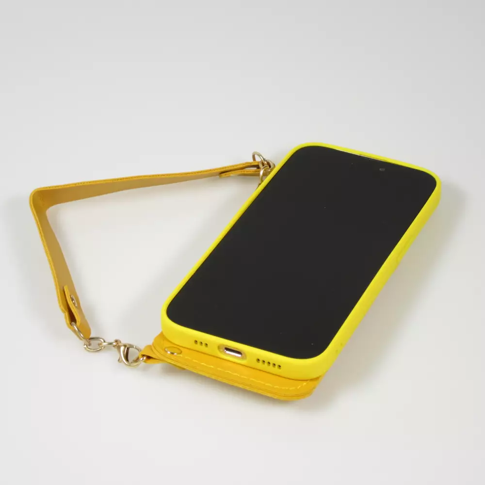 iPhone 14 Pro Case Hülle - Soft-Touch-Silikon mit Karten- oder Geldfach aus Leder und integriertem Lanyard - Gelb