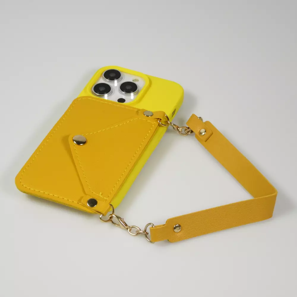 iPhone 14 Pro Case Hülle - Soft-Touch-Silikon mit Karten- oder Geldfach aus Leder und integriertem Lanyard - Gelb