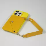 iPhone 14 Pro Case Hülle - Soft-Touch-Silikon mit Karten- oder Geldfach aus Leder und integriertem Lanyard - Gelb