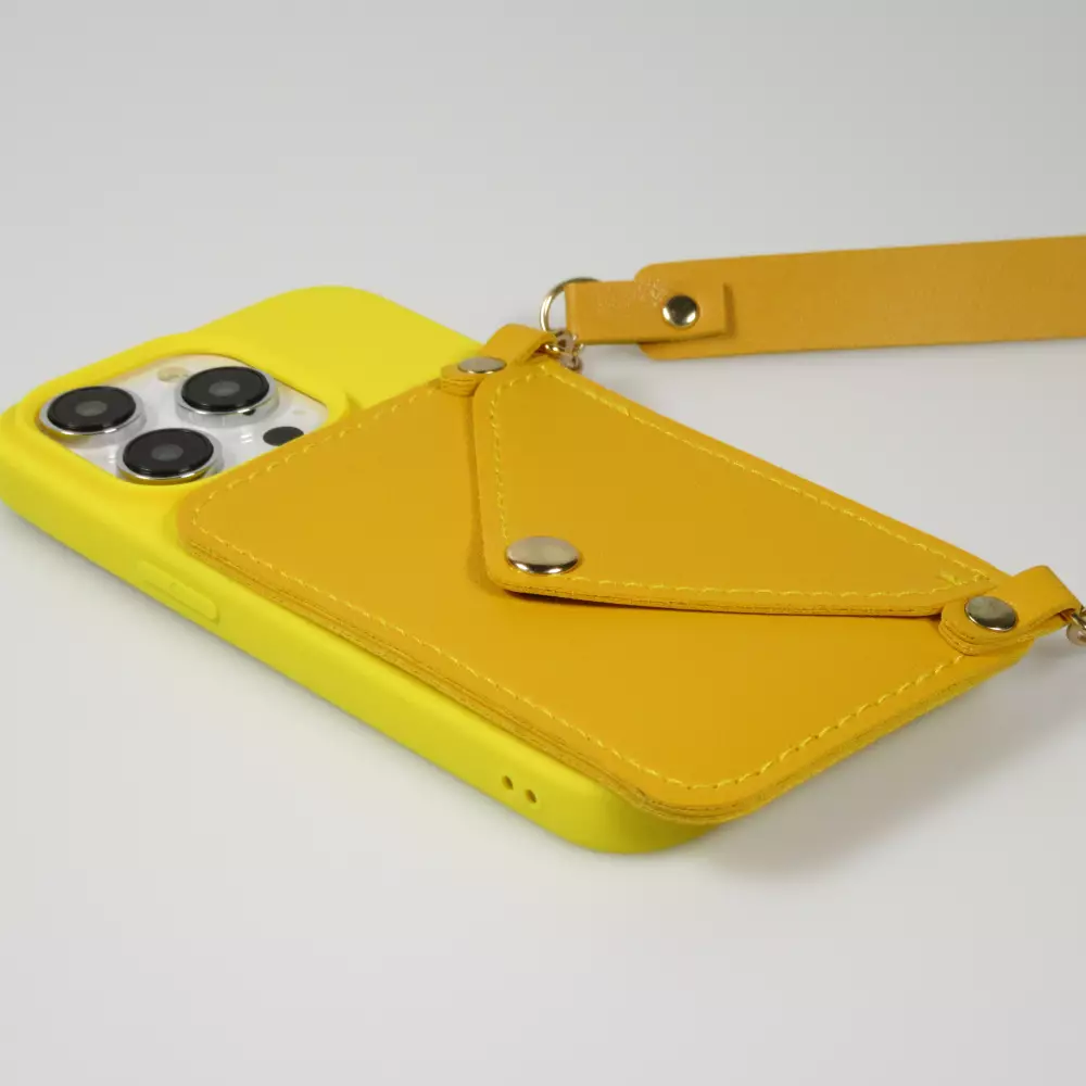 iPhone 14 Pro Case Hülle - Soft-Touch-Silikon mit Karten- oder Geldfach aus Leder und integriertem Lanyard - Gelb