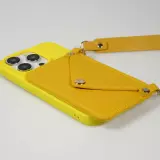 iPhone 14 Pro Case Hülle - Soft-Touch-Silikon mit Karten- oder Geldfach aus Leder und integriertem Lanyard - Gelb