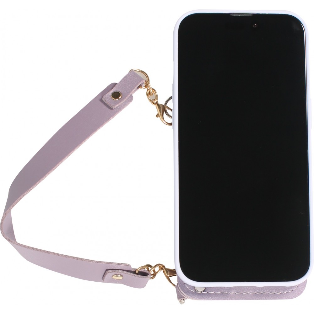 Coque iPhone 14 Pro Max - Silicone soft touch avec pochette à cartes ou argent en cuir et lanière intégrée - Violet clair