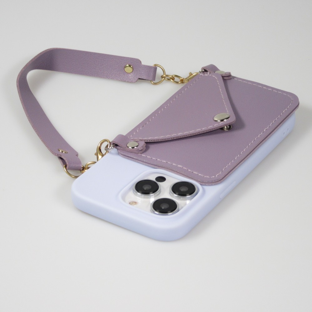 Coque iPhone 14 Pro Max - Silicone soft touch avec pochette à cartes ou argent en cuir et lanière intégrée - Violet clair