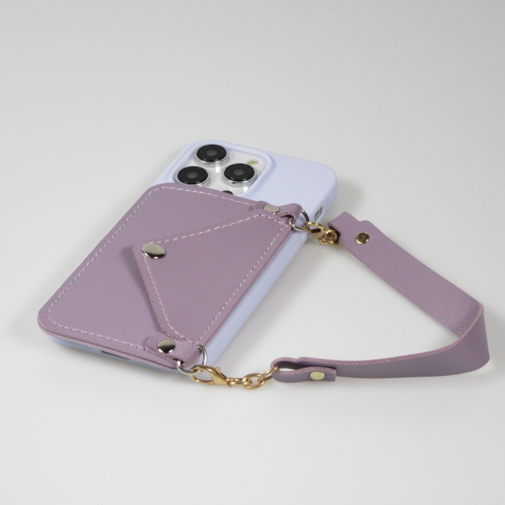 Coque iPhone 14 Pro Max - Silicone soft touch avec pochette à cartes ou argent en cuir et lanière intégrée - Violet clair