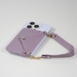 Coque iPhone 14 Pro Max - Silicone soft touch avec pochette à cartes ou argent en cuir et lanière intégrée - Violet clair
