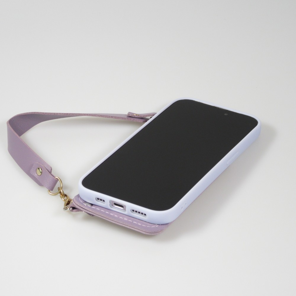 Coque iPhone 14 Pro Max - Silicone soft touch avec pochette à cartes ou argent en cuir et lanière intégrée - Violet clair