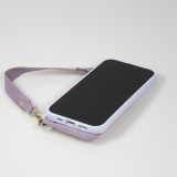Coque iPhone 14 Pro Max - Silicone soft touch avec pochette à cartes ou argent en cuir et lanière intégrée - Violet clair