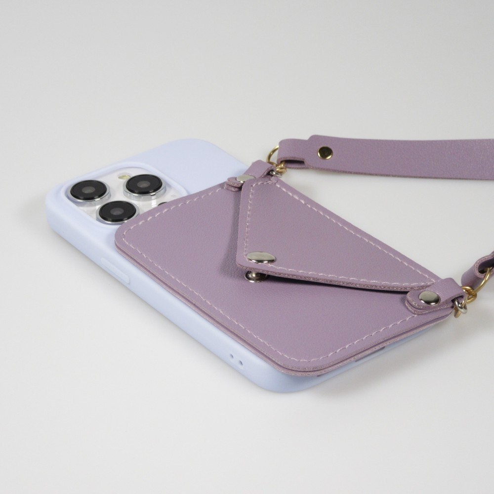 Coque iPhone 14 Pro Max - Silicone soft touch avec pochette à cartes ou argent en cuir et lanière intégrée - Violet clair