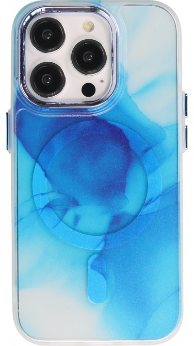 Coque iPhone 14 Pro - Watercolor MagSafe semi-transparent - Bleu