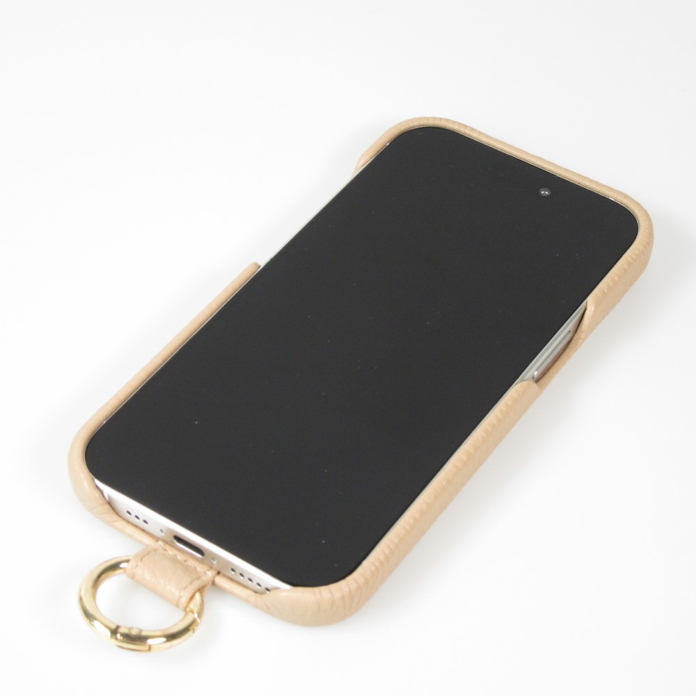Coque iPhone 14 Pro Max - Premium cuir véritable de luxe avec lanière en cuir réglable et amovible + MagSafe - Beige