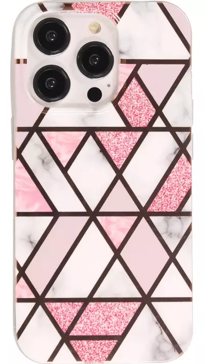 Coque iPhone 14 Pro - Silicone Gel stripes géométriques marble - Blanc/rose