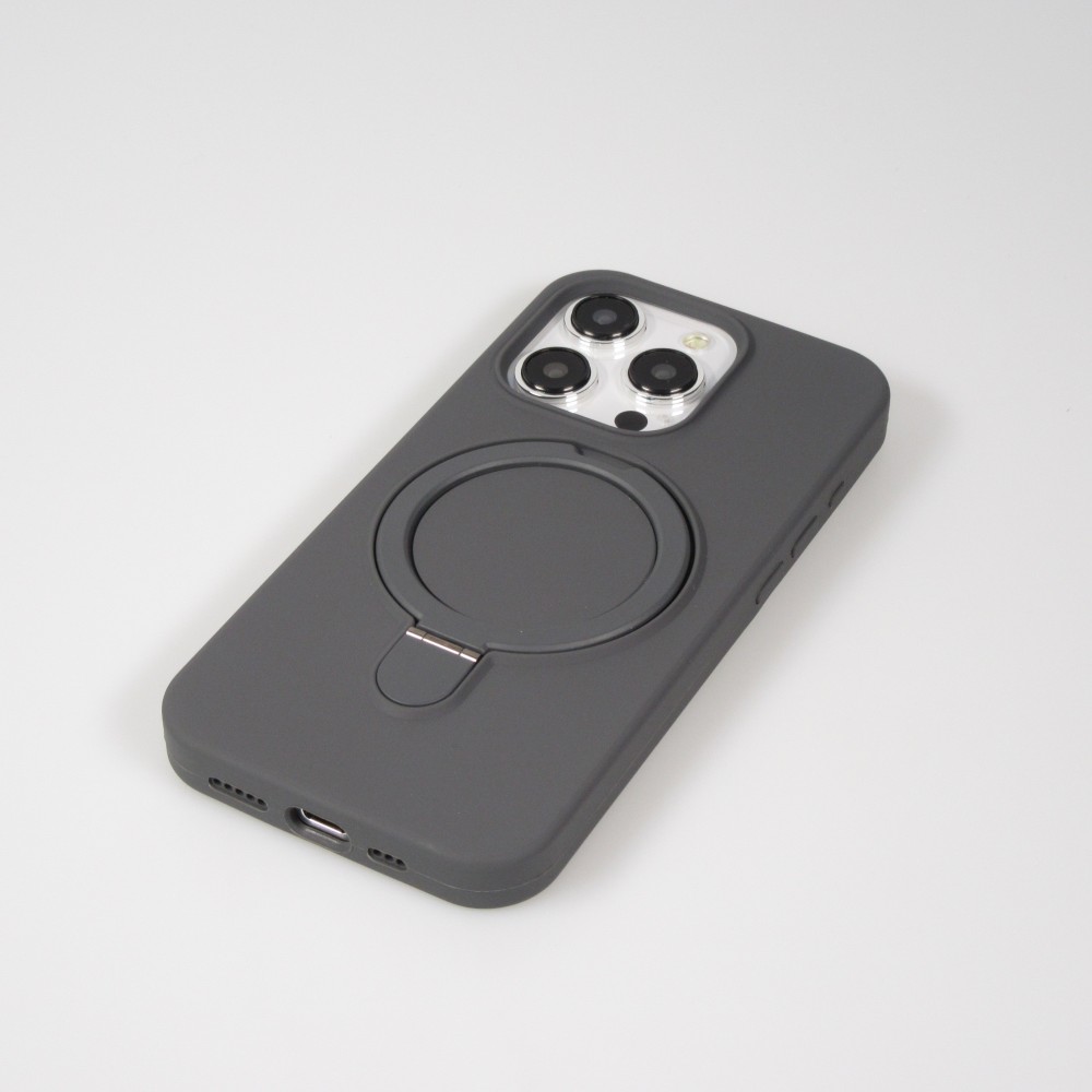 Coque iPhone 15 Pro - Silicone mat MagSafe avec anneau de support - Gris