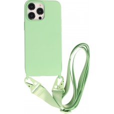 Coque iPhone 14 Pro - Silicone mat avec lanière et mousqueton en fer - Avocado vert