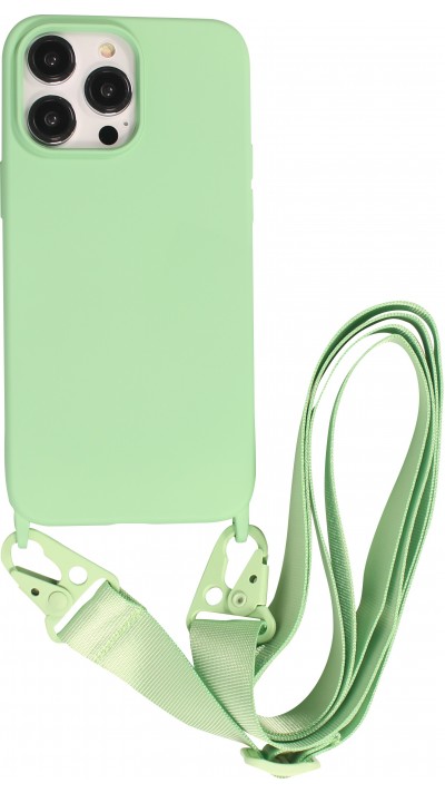 Coque iPhone 14 Pro - Silicone mat avec lanière et mousqueton en fer - Avocado vert