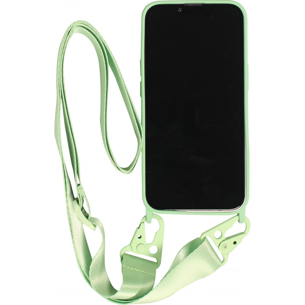 Coque iPhone 14 Pro - Silicone mat avec lanière et mousqueton en fer - Avocado vert