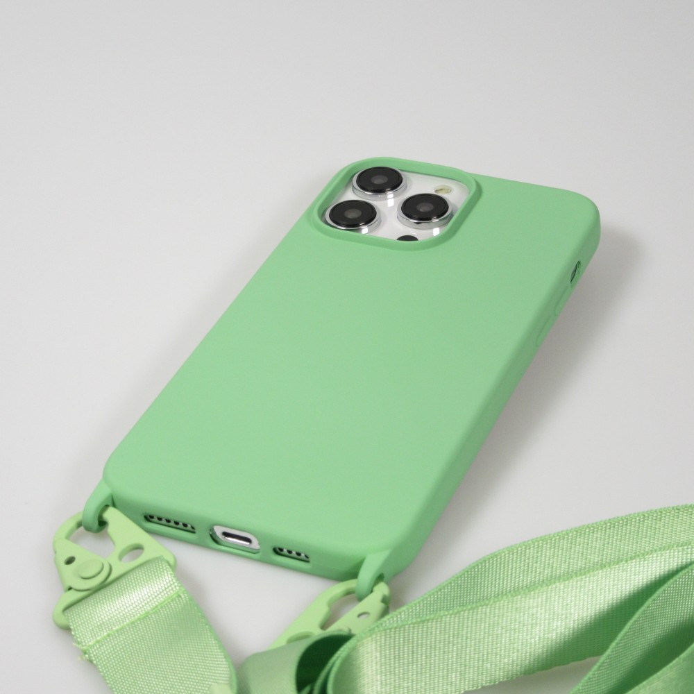 Coque iPhone 14 Pro - Silicone mat avec lanière et mousqueton en fer - Avocado vert