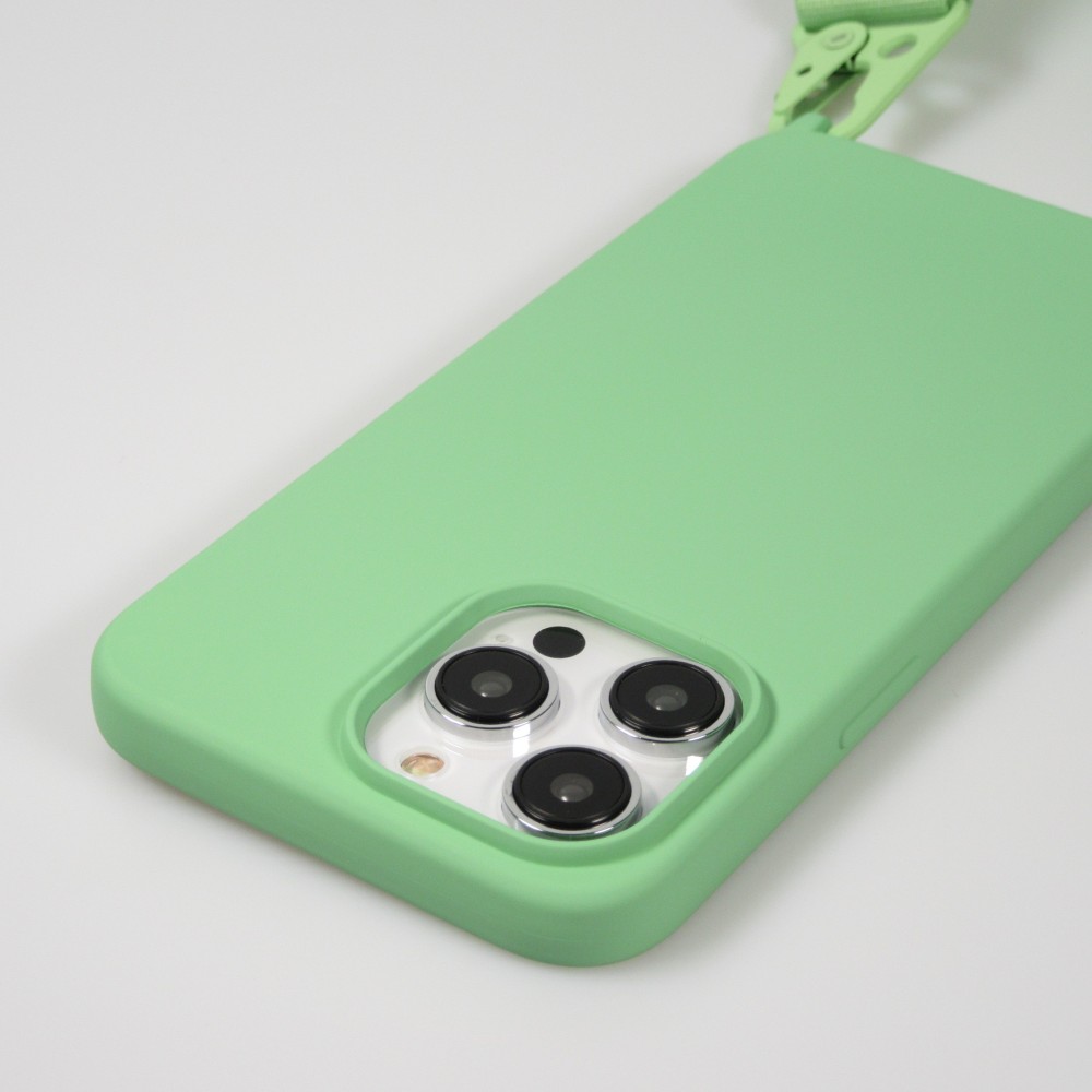 Coque iPhone 14 Pro - Silicone mat avec lanière et mousqueton en fer - Avocado vert