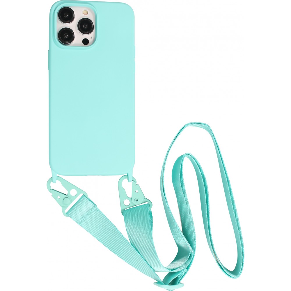 Coque iPhone 14 Pro Max - Silicone mat avec lanière et mousqueton en fer - Bleu clair