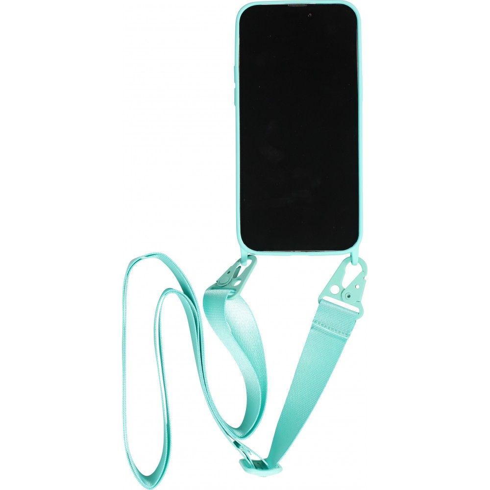 Coque iPhone 14 Pro Max - Silicone mat avec lanière et mousqueton en fer - Bleu clair