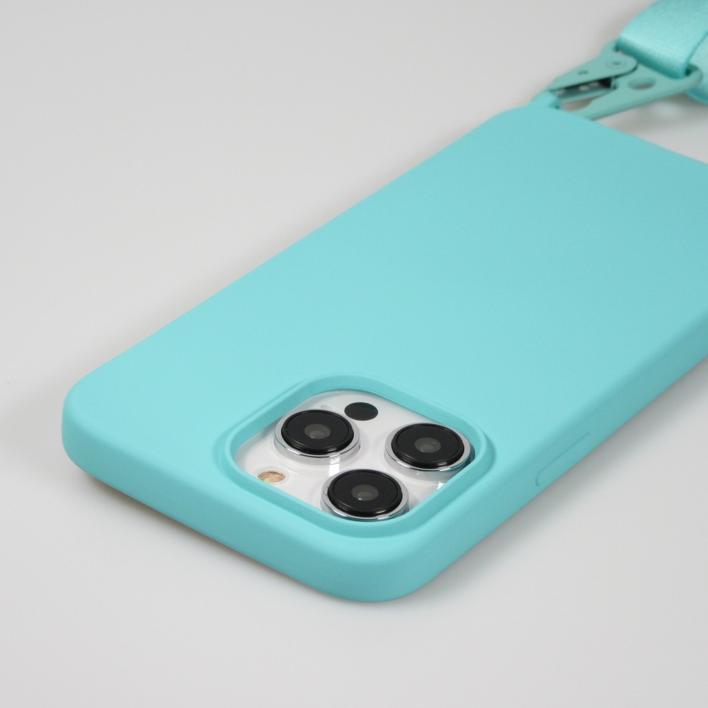 Coque iPhone 14 Pro Max - Silicone mat avec lanière et mousqueton en fer - Bleu clair