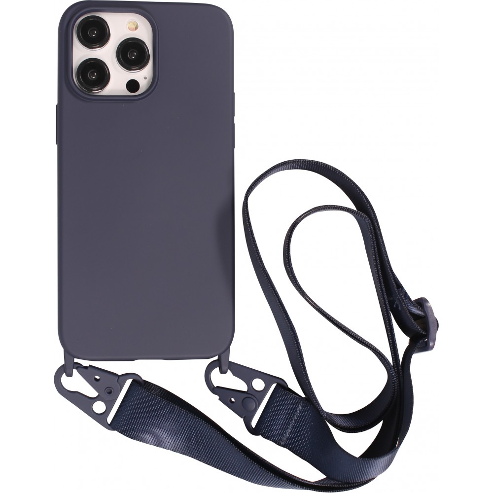 Coque iPhone 14 Pro - Silicone mat avec lanière et mousqueton en fer - Midnight Blue