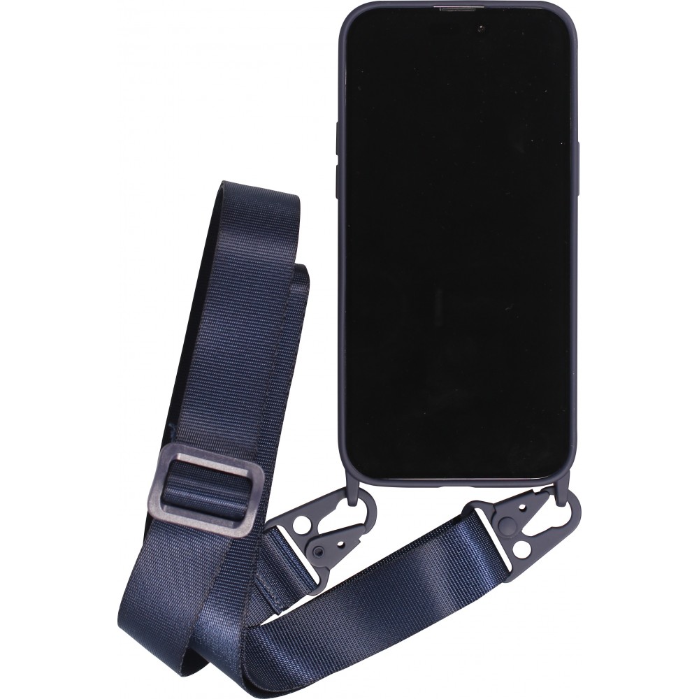Coque iPhone 14 Pro - Silicone mat avec lanière et mousqueton en fer - Midnight Blue