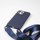 Coque iPhone 14 Pro - Silicone mat avec lanière et mousqueton en fer - Midnight Blue