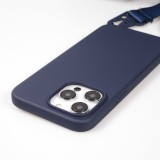 Coque iPhone 14 Pro - Silicone mat avec lanière et mousqueton en fer - Midnight Blue