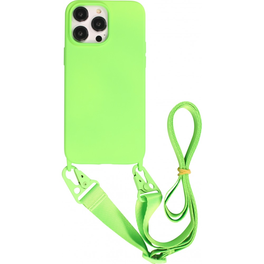 Coque iPhone 14 Pro - Silicone mat avec lanière et mousqueton en fer - Vert