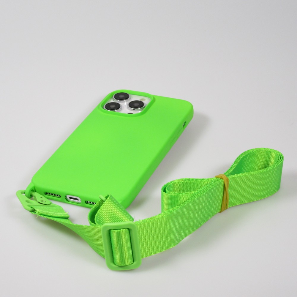 Coque iPhone 14 Pro - Silicone mat avec lanière et mousqueton en fer - Vert