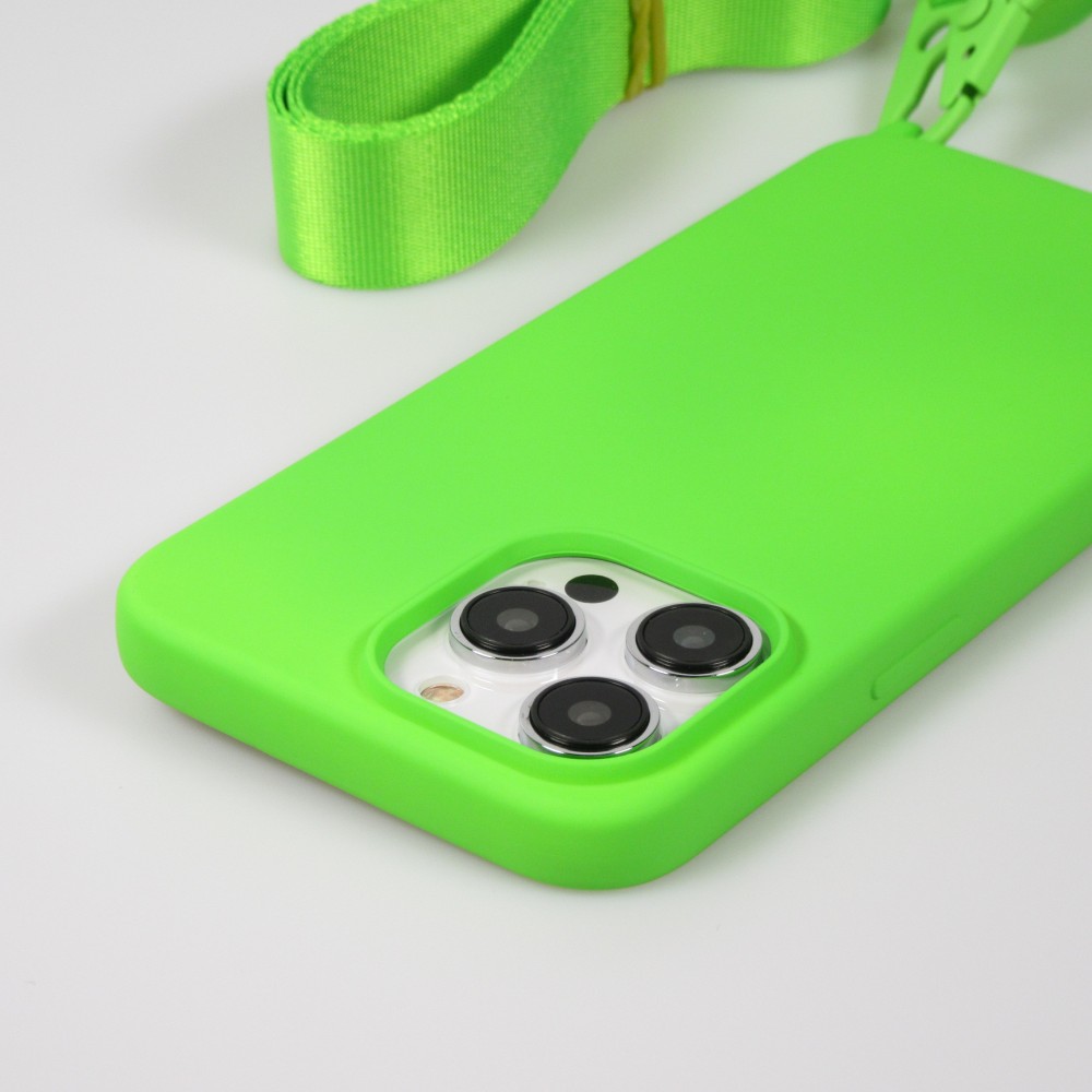 Coque iPhone 14 Pro - Silicone mat avec lanière et mousqueton en fer - Vert