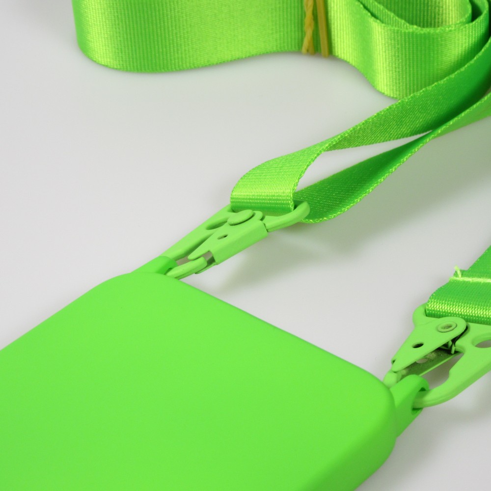 Coque iPhone 14 Pro - Silicone mat avec lanière et mousqueton en fer - Vert